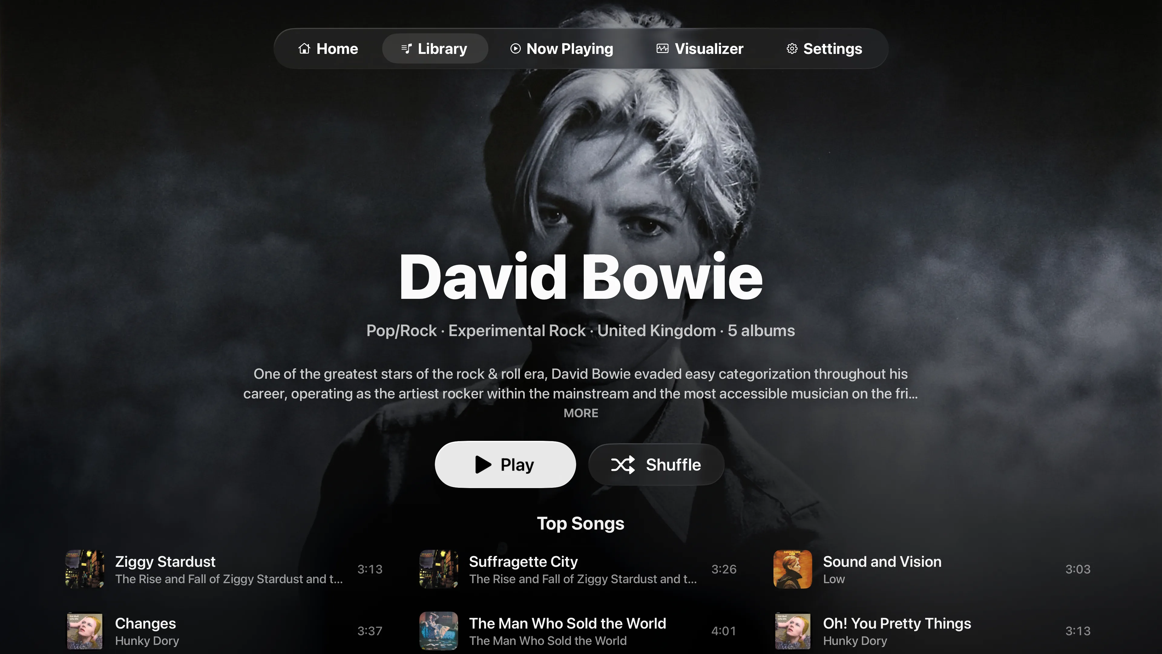 David Bowie's artist page in Playris on Apple TV, with a bio, Play and Shuffle, and Top Songs