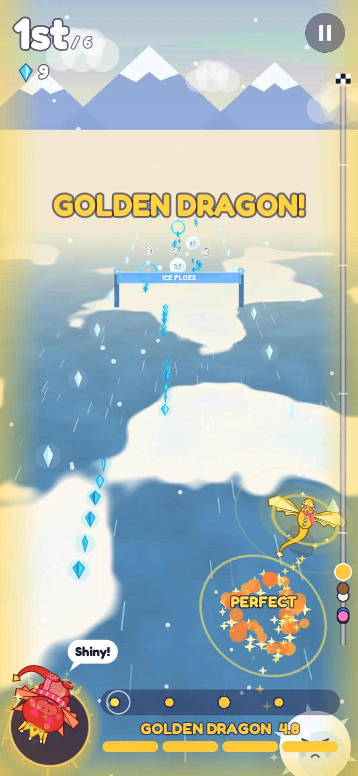 A golden dragon flying beside the player over ice floes