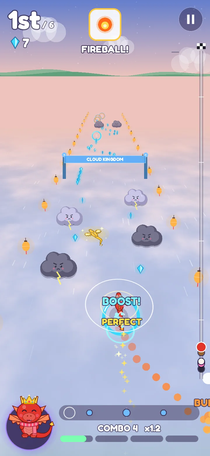A Beatwing race over pink clouds, with a Boost and a Perfect flap