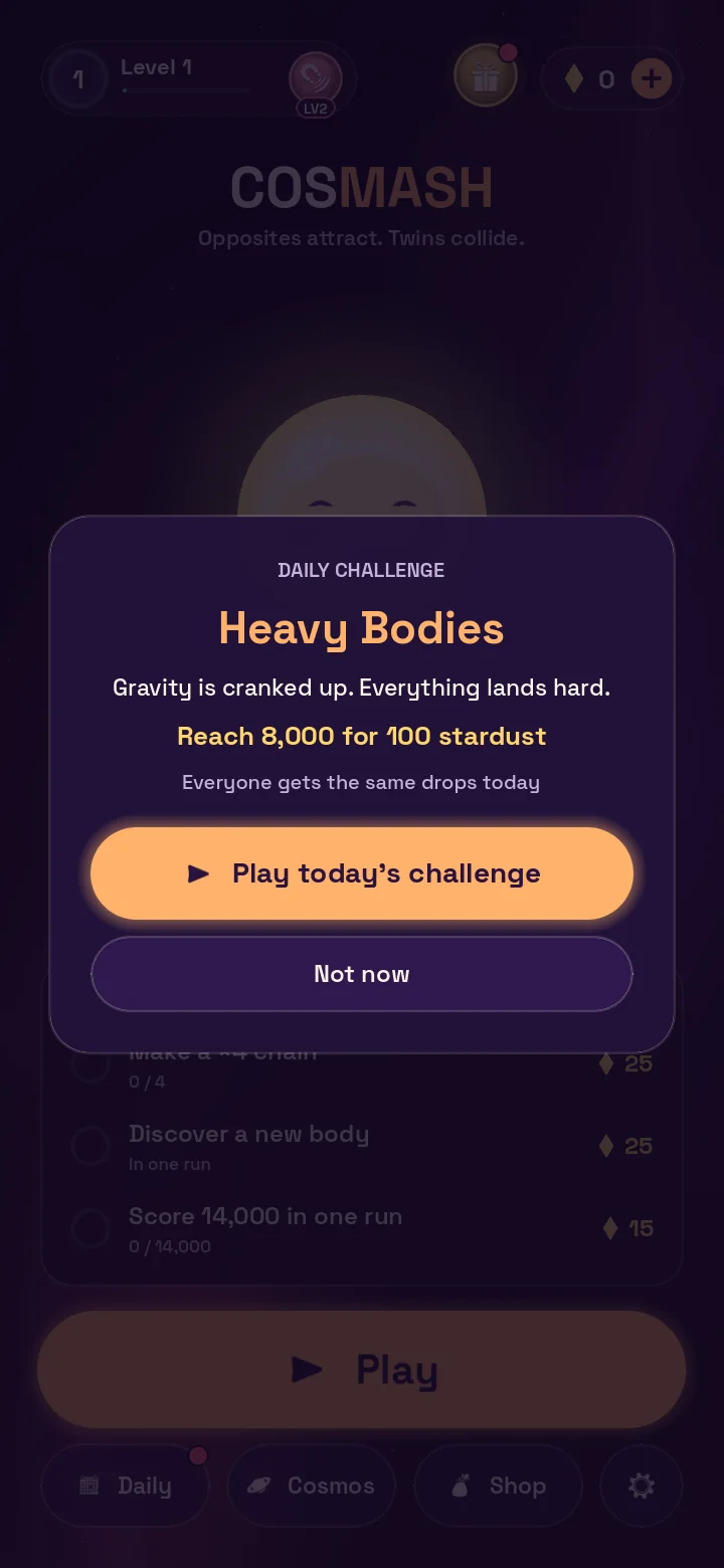 The daily challenge card on the Cosmash home screen