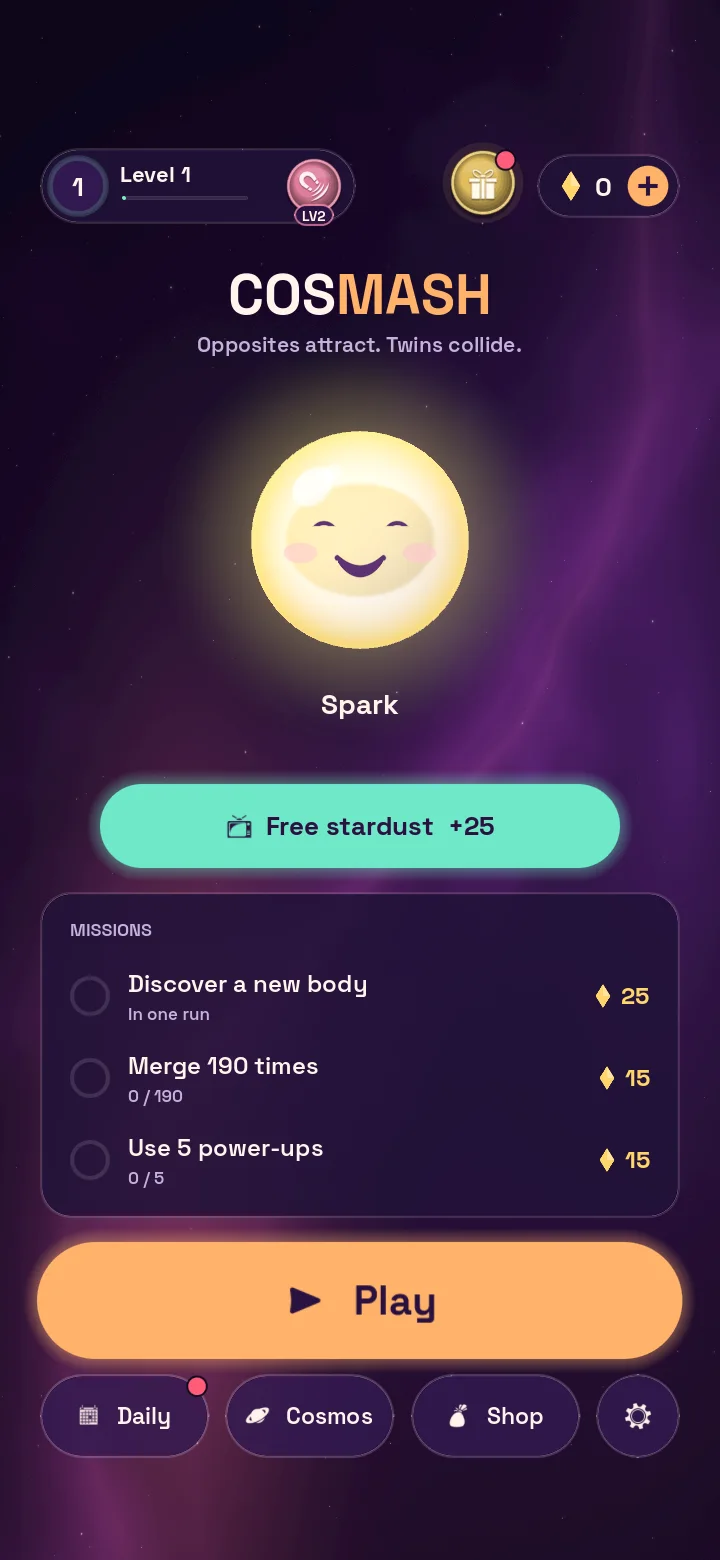 The Cosmash home screen with a smiling Spark, missions and a Play button