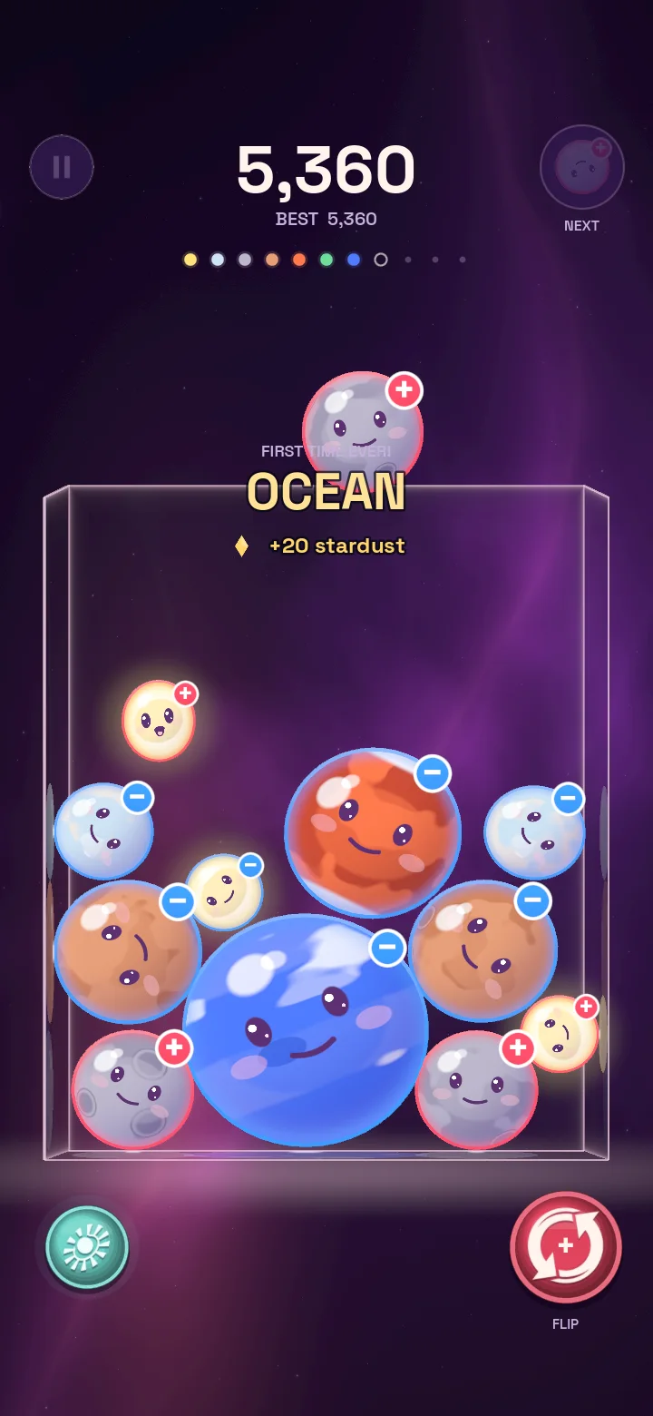 A Cosmash run: planets with faces in a glass jar, a plus or minus on each