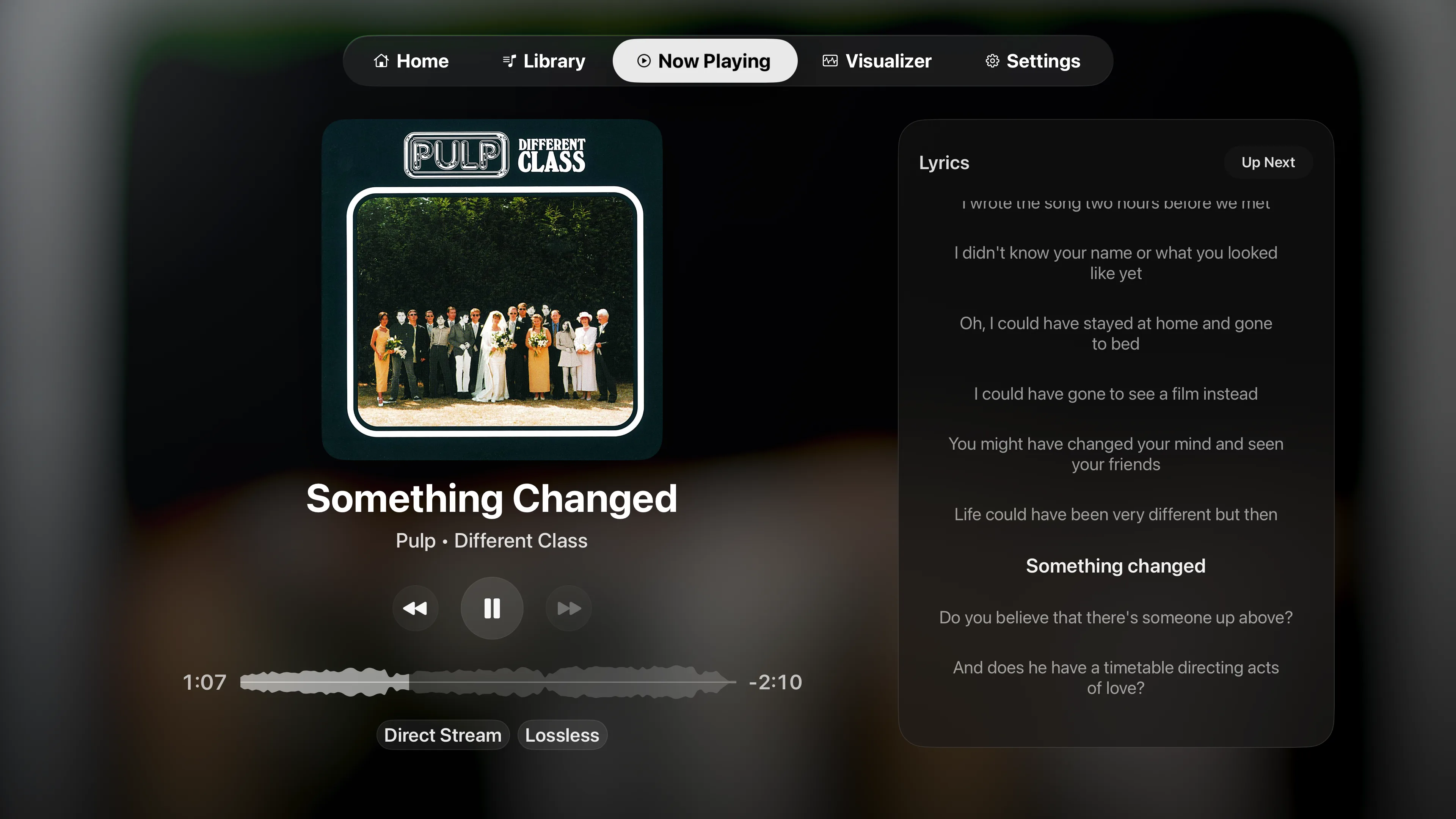 Now Playing in Playris showing Something Changed by Pulp with timed lyrics